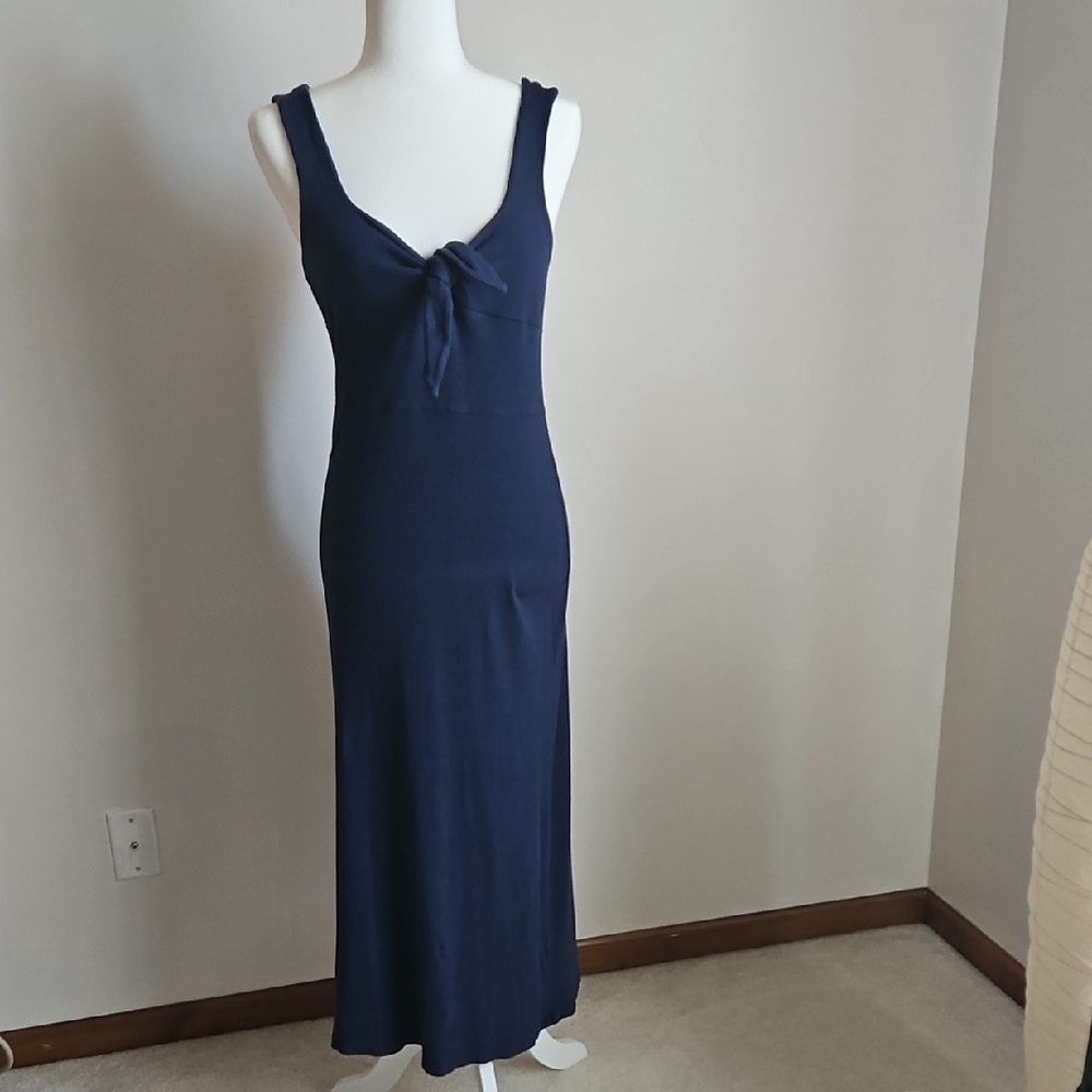 Elodie Ribknit Maxi Dress Sweetheart Tie  Neck Navy Bodycon Beachy  Stretchy M
